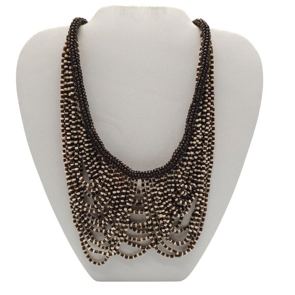 Handcrafted Brown Tan Multi-Strand Beaded Bib Necklace With Earthy Tones - Picture 1 of 5